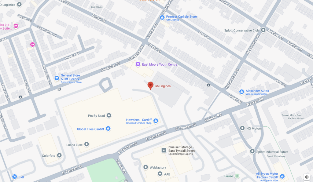 Map showing GB Engines on East Tyndall Street, Cardiff